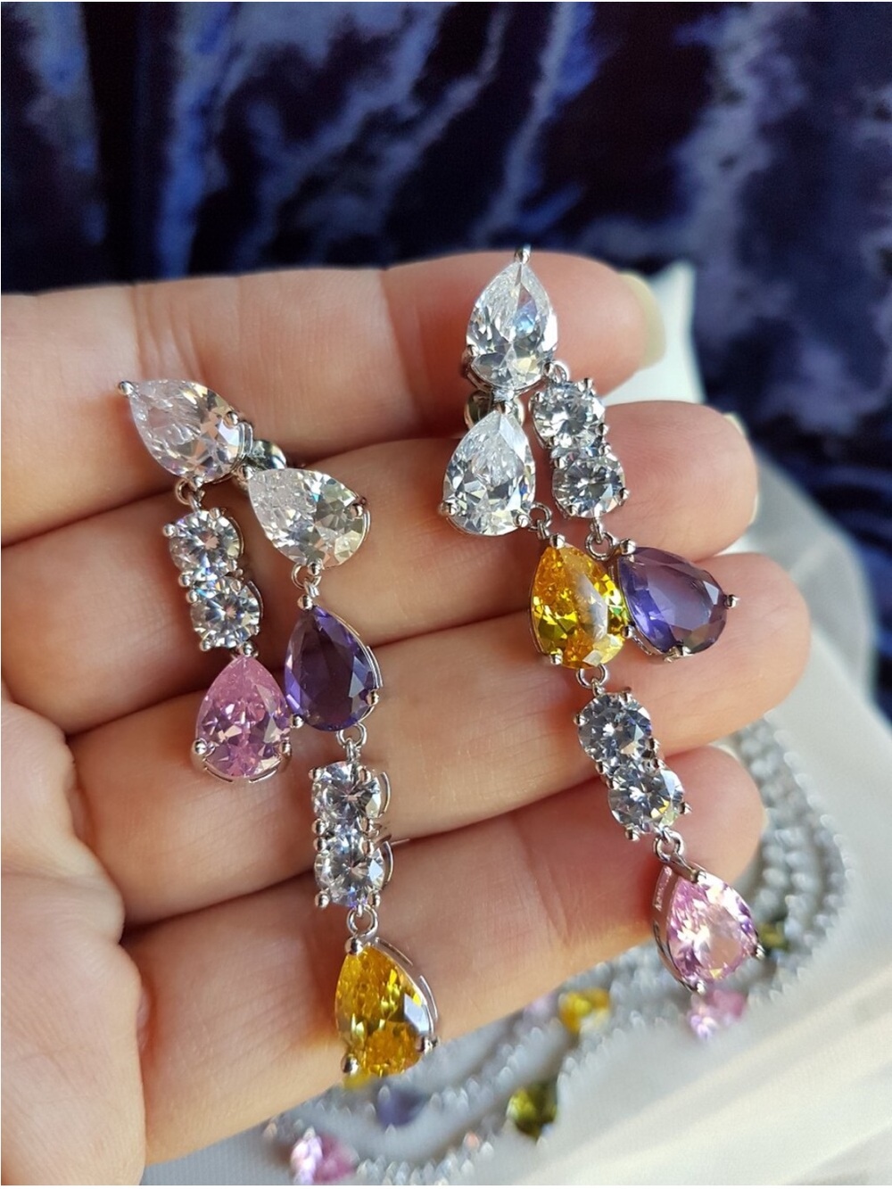 Swarovski Elements Teardrop Pink Purple & Yellow Gem Layered Necklace NEW - Picture 15 of 17